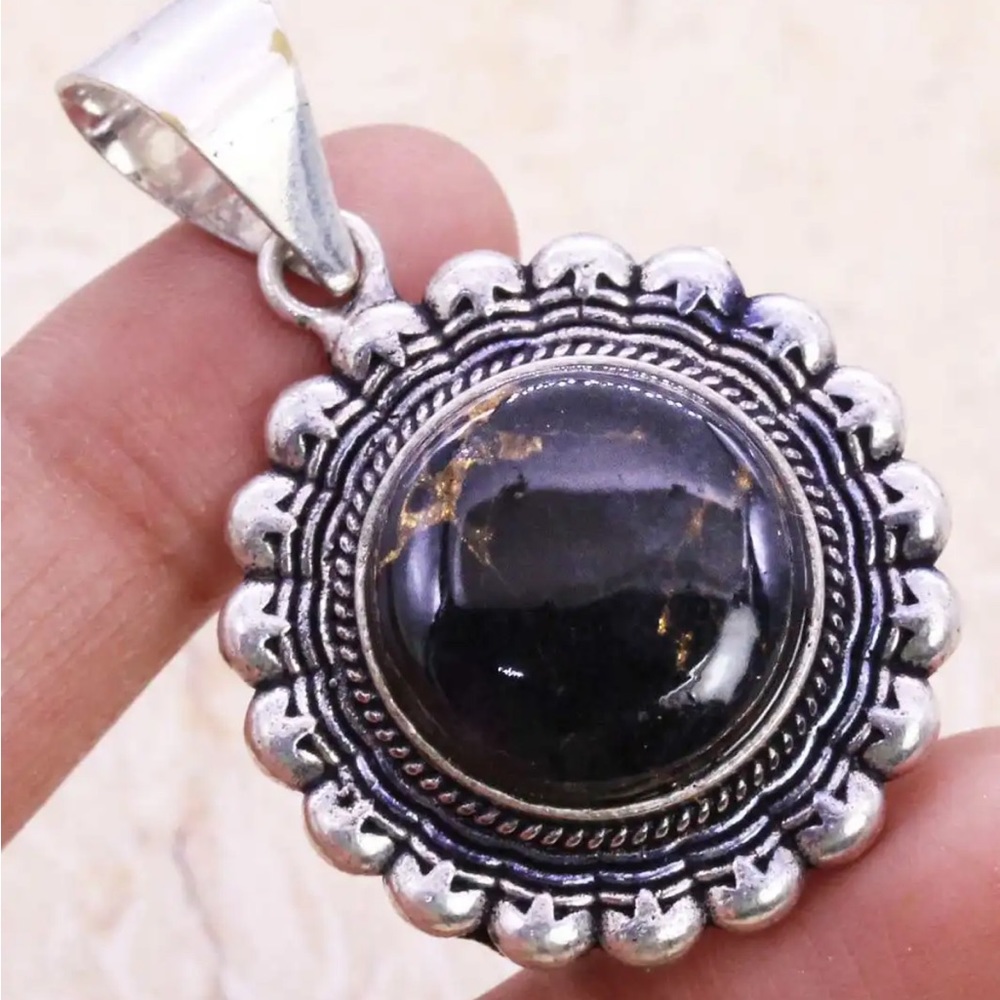 Sterling Silver 925 Copper Black Turquoise Handmade Pendant